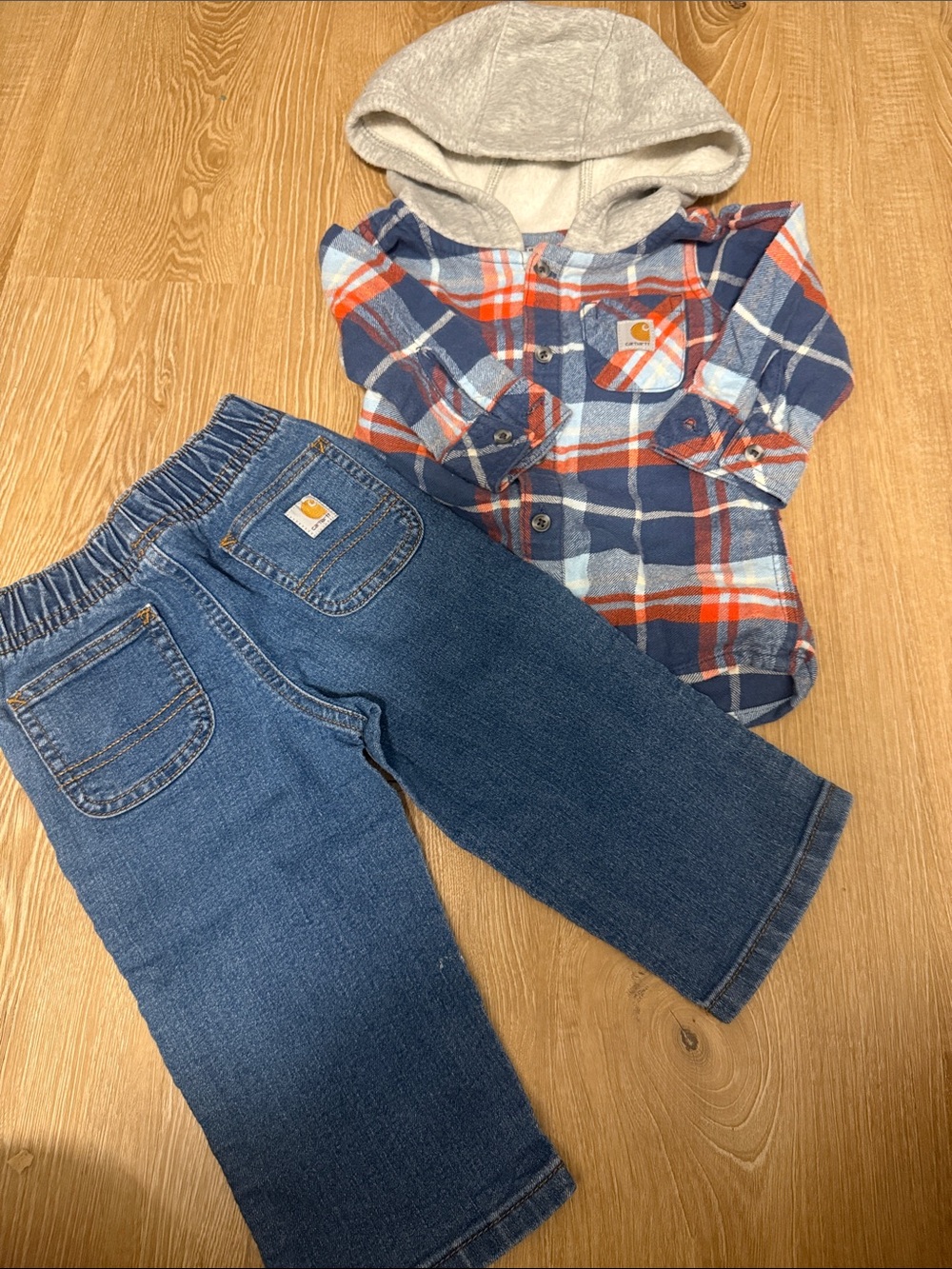 Carhartt Toddler Denim Jeans in Blue with Hooded Flannel Shirt